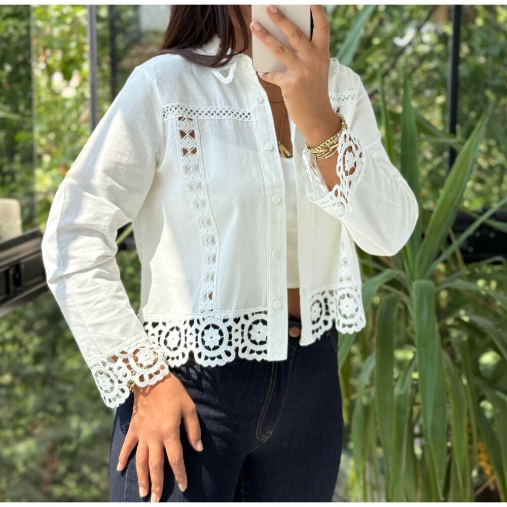 zara blogger fav white crochet boho chic collared boxy shirt top